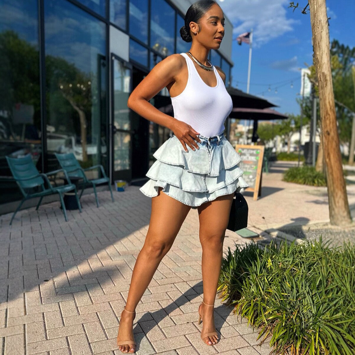 Style High-Waisted Denim Ruffle Mini Skirt Fashion Irregular Mini Skirt for Women