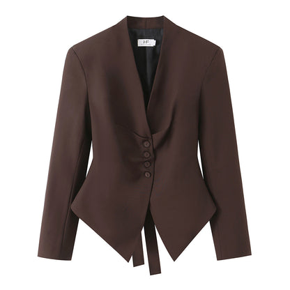 Single breasted chest pleated long sleeved suit jacket without buttons