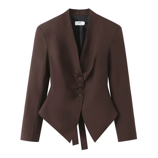 Single breasted chest pleated long sleeved suit jacket without buttons