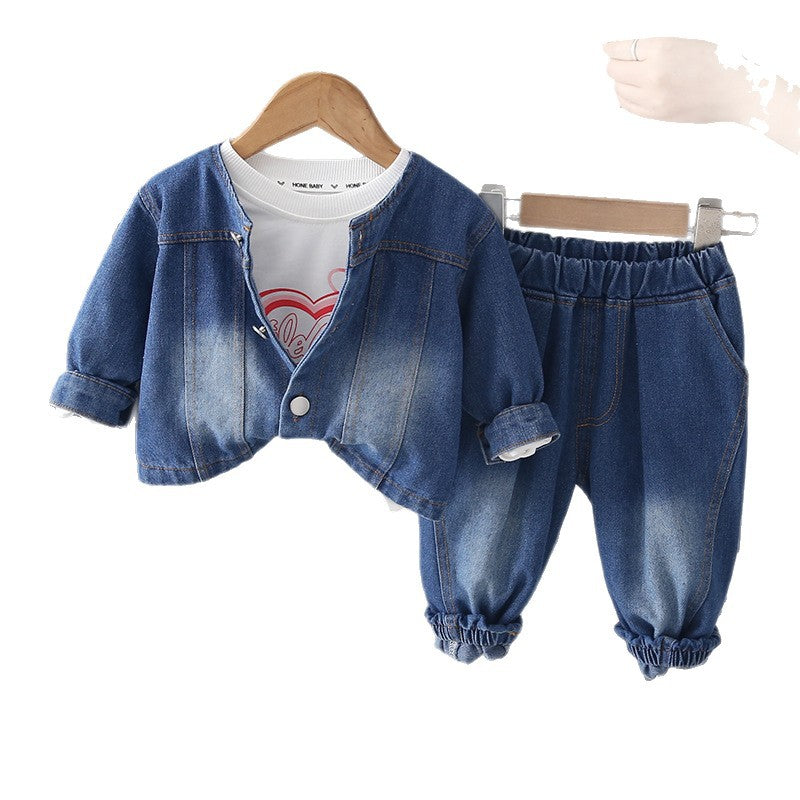 Casual children's long sleeved denim three piece set