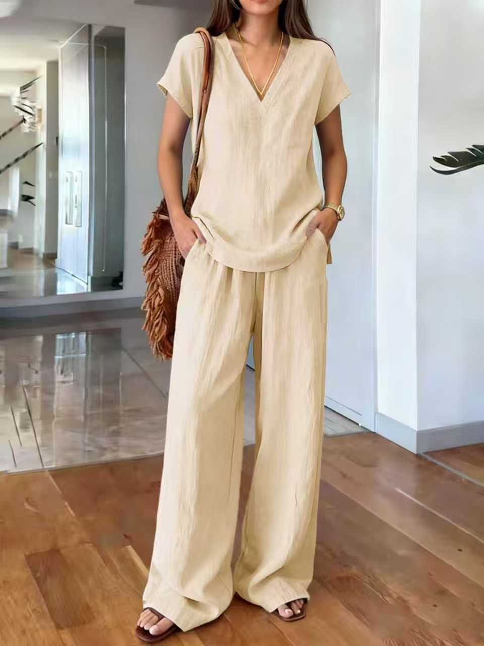 Clothing  Solid Color Women's Fashion Set V-Neck Short Sleeve Long Pants Casual Two-Piece Set