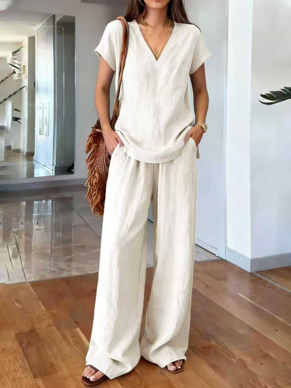 Clothing  Solid Color Women's Fashion Set V-Neck Short Sleeve Long Pants Casual Two-Piece Set