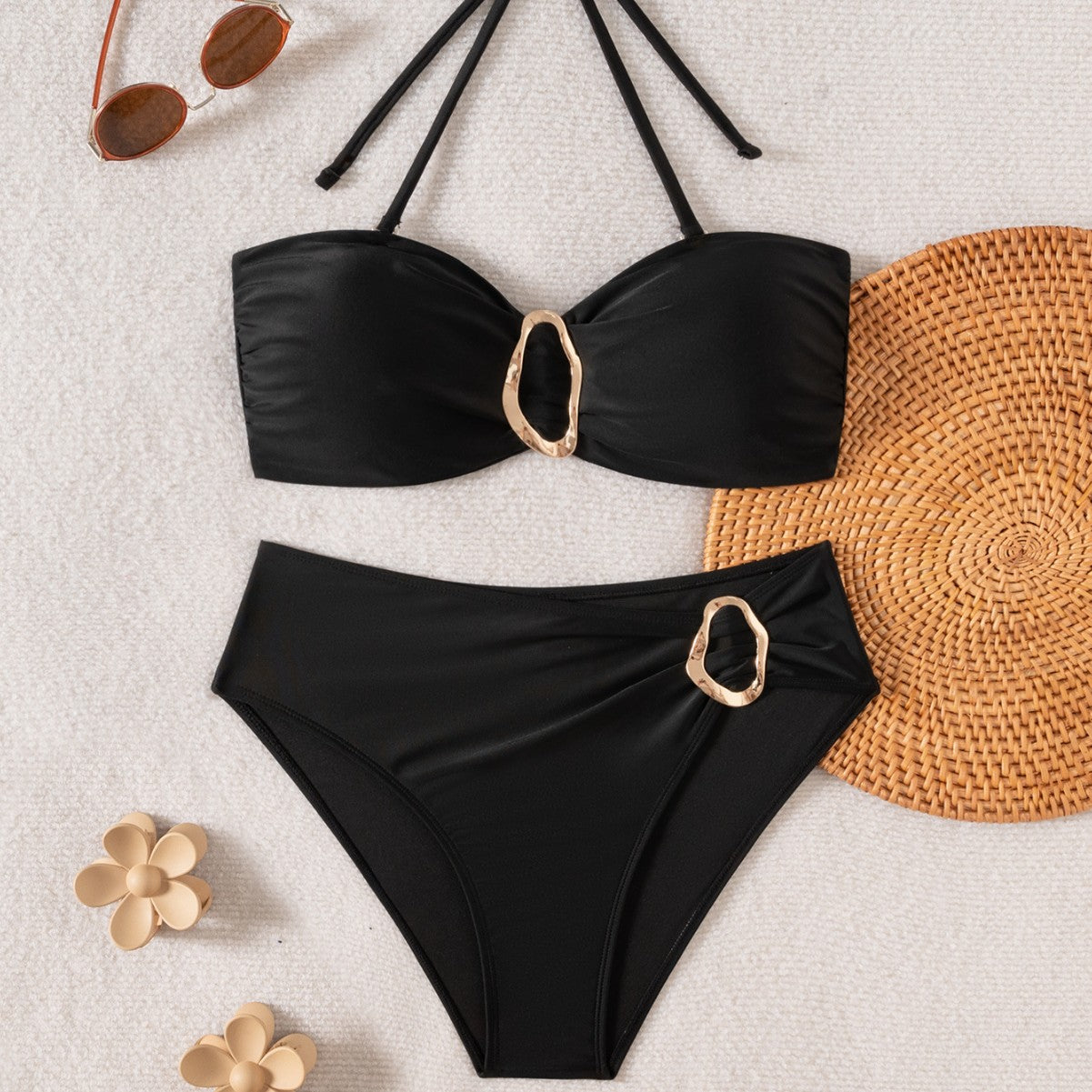 New  Style Pure Color Detachable Neck Strap Sexy Tube Top Bikini Swimsuit Set