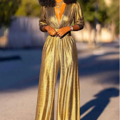 Women's autumn sexy V-neck hot stamping jumpsuit