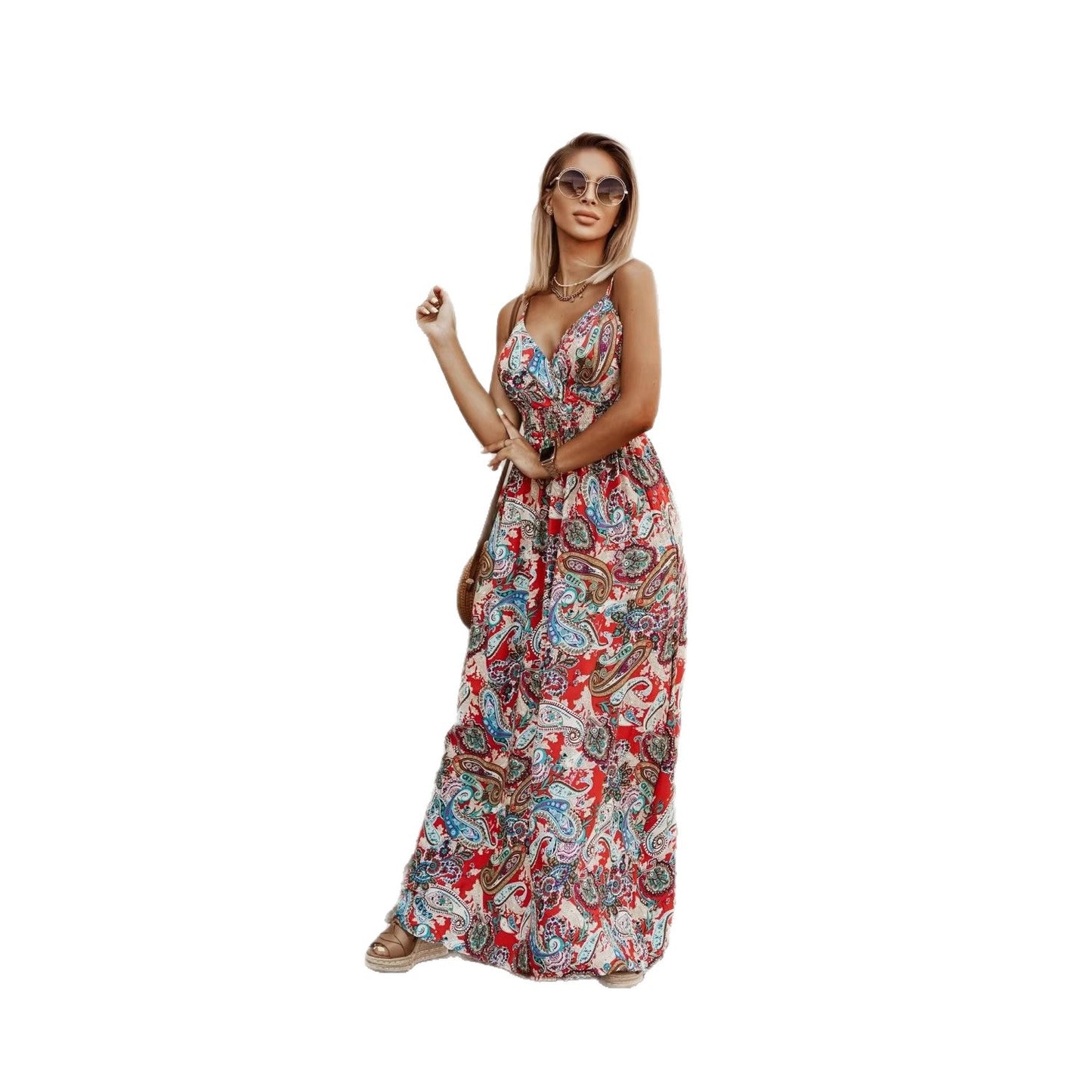 V-neck camisole printed long dress for women