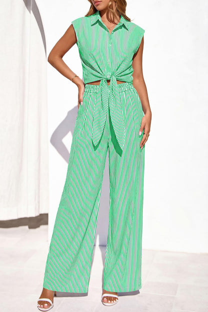 Spring Summer Women's Striped Buttoned Sleeveless Shirt and Pants Set