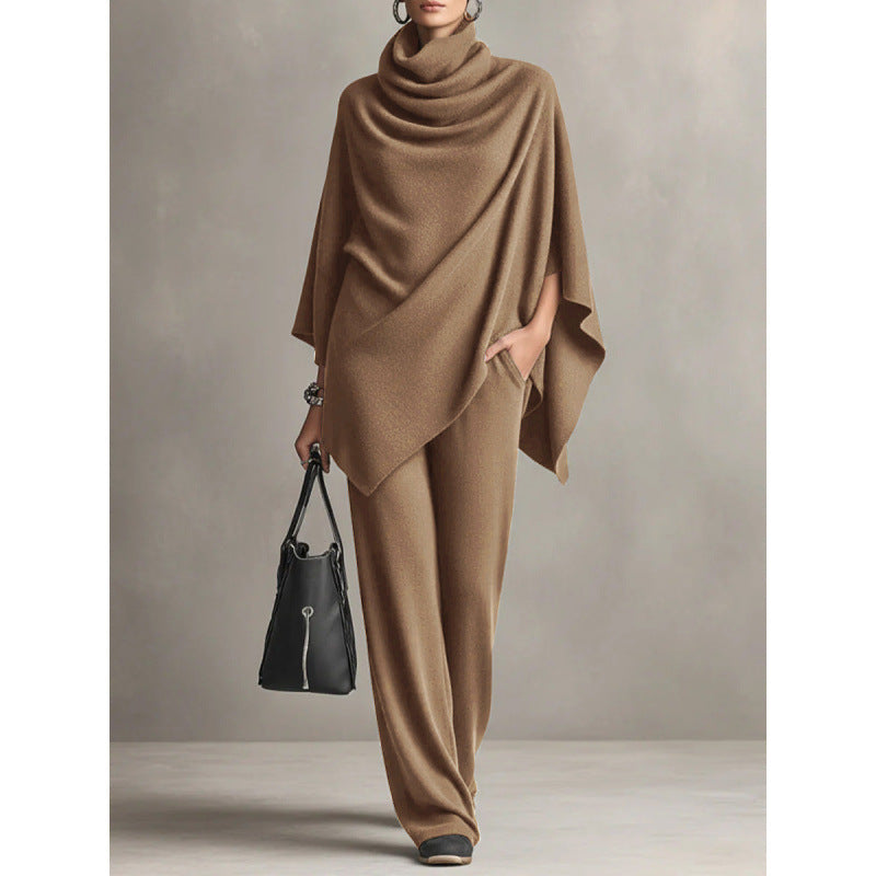 Autumn and Winter German Velvet Pile Collar Cloak Top+Wide Leg Pants Two Piece Set