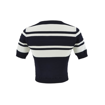 Striped Color-block Knit Set for Women, Round Neck Short Sleeve High Waist Top, Elegant Fitted Bodycon Mini Skirt