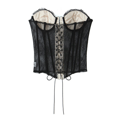 Lace Splicing Fitted Waistband Top with Strap Tube Top