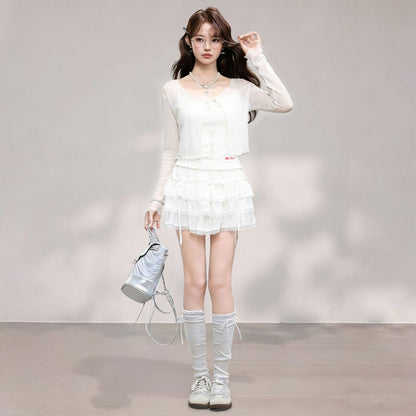 Long Sleeve Cardigan with Strap Dress, Summer Sheer Bolero with Ruffles