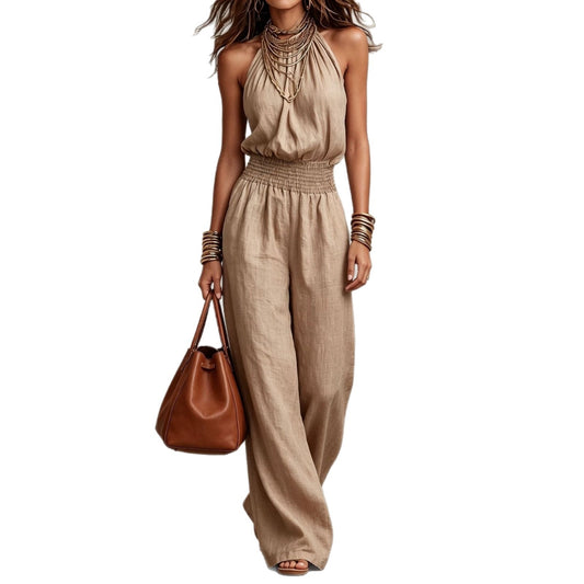 Sleeveless Backless Waist-Tie Halter Wide-Leg Jumpsuit for Women