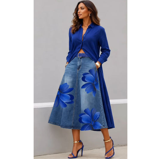 Style Floral Print Washed Denim High Waist Midi Skirt
