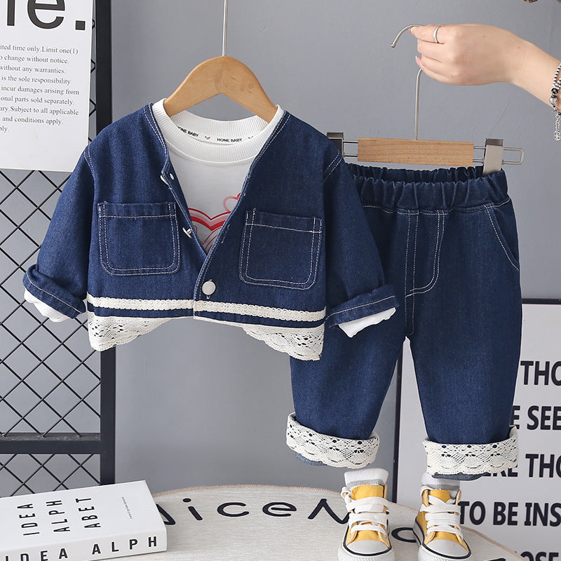 Casual children's long sleeved denim three piece set