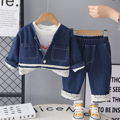 Casual children's long sleeved denim three piece set