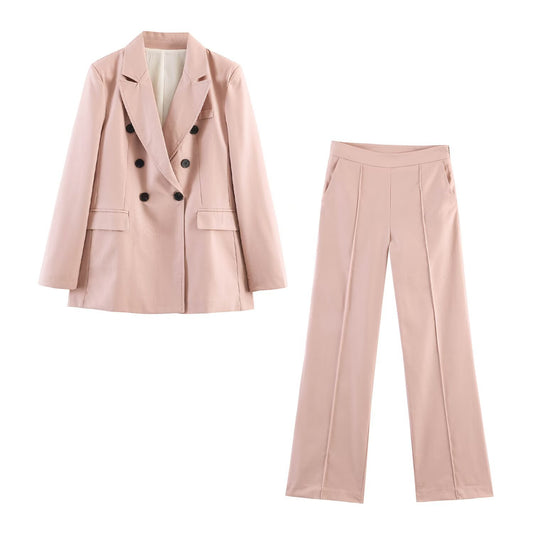 Linen double breasted suit+straight leg pants set
