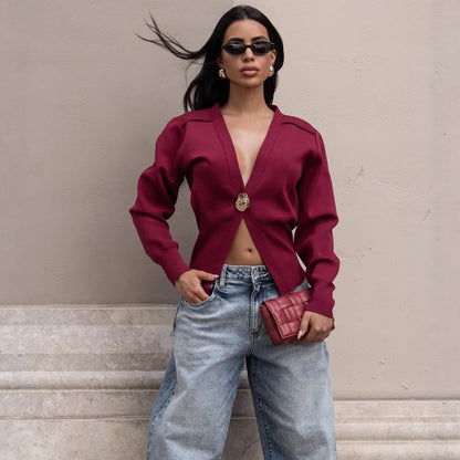 Women's Loose Wool Sweater, Sexy Deep V-Neck Metal Button Cardigan Sweater