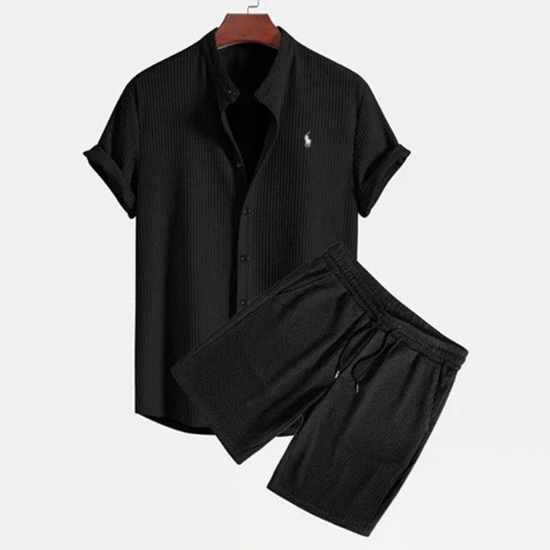 Summer Men's Casual Loose Short-Sleeve Shirt and Shorts Set, Ice Silk Material
