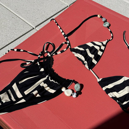 Three-Piece Swimsuit Women's Sexy Striped Swimwear Separate Two-Piece Set