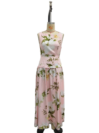 V-neck floral print women's dress sleeveless backless waist cinching long skirt