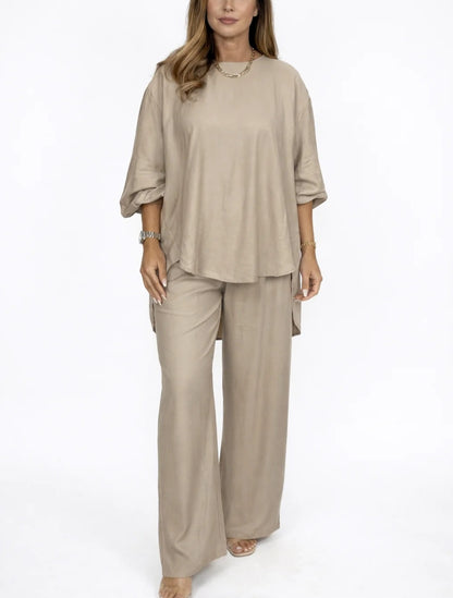 Solid color loose casual suit wide leg pants two-piece set