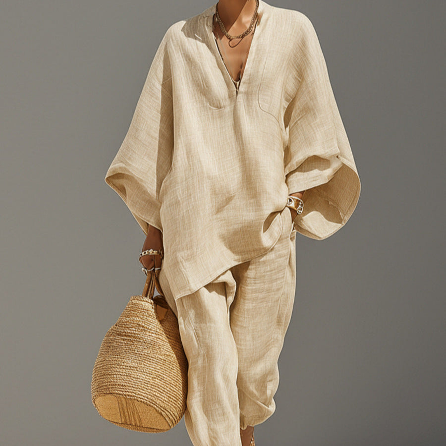 Spring Casual Loose Solid Color Shirt Women's Set