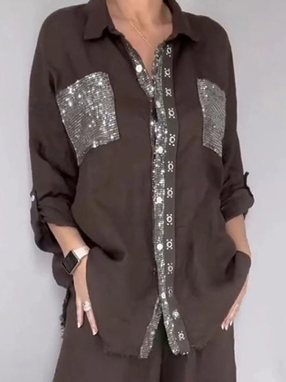 New Fashion Casual Women's Set with Pocket Placket and Gold Embellished Round Neck Design