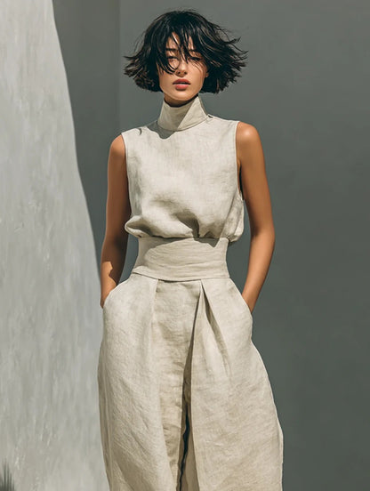 Style Spring Solid Color Minimalist Cotton Linen Blend Sleeveless Top for Women