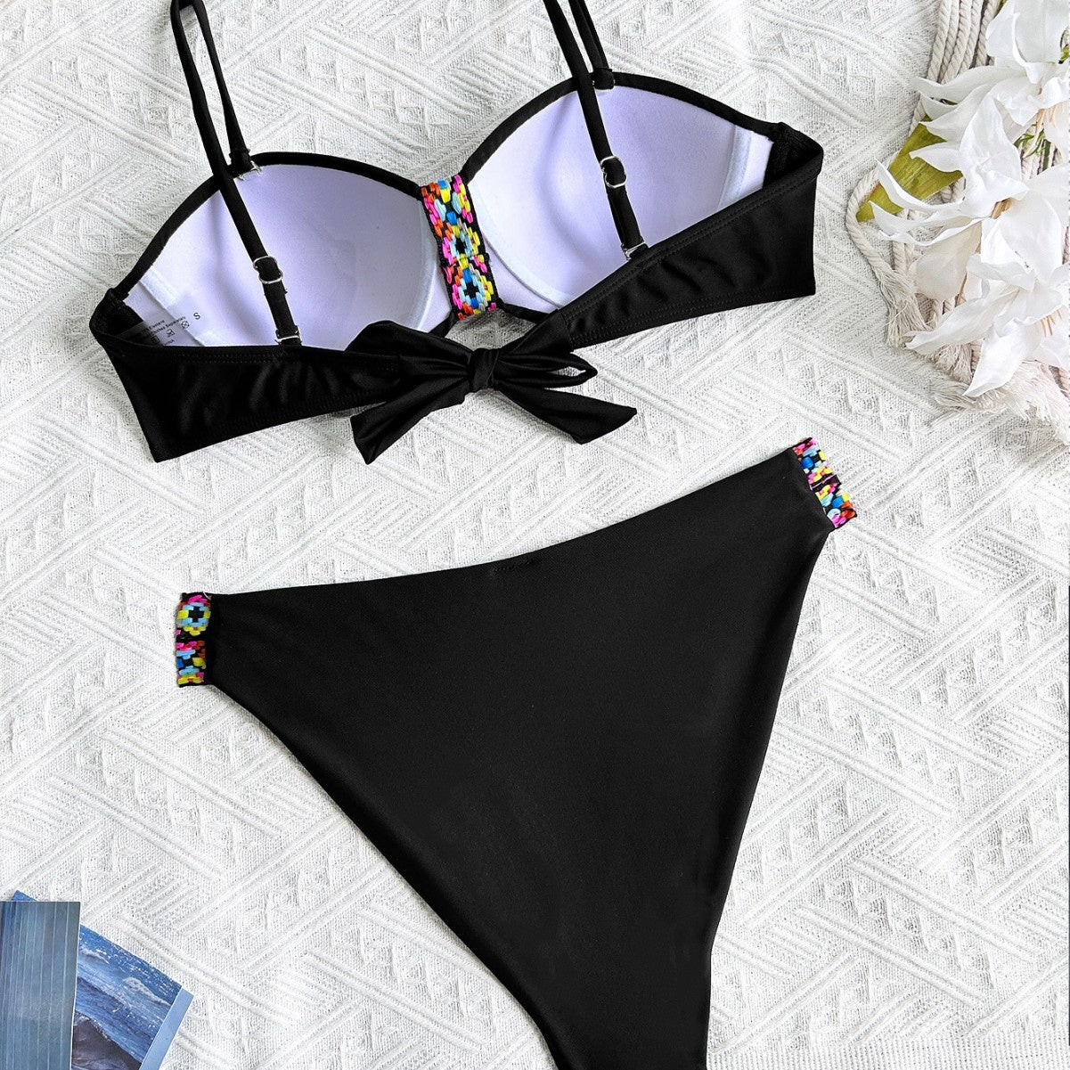 Bikini Set with Woven Straps and Rigid Cups, Backless Sexy Two-Piece Swimsuit