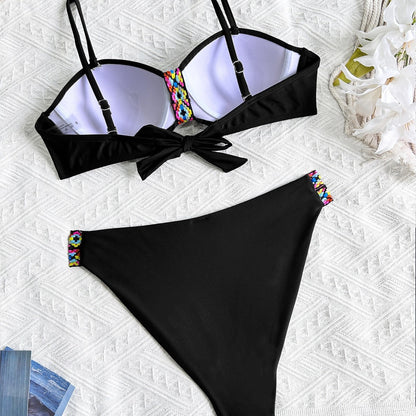 Bikini Set with Woven Straps and Rigid Cups, Backless Sexy Two-Piece Swimsuit