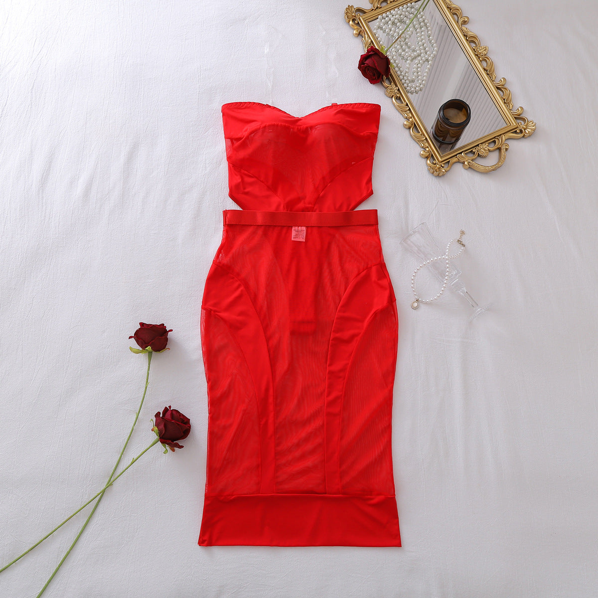 Sheer Mesh Sleeveless Spliced Fitted Bodycon Dress Two-Piece Set