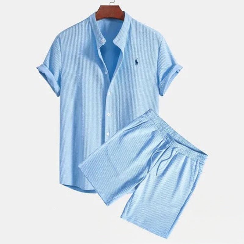 Summer Men's Casual Loose Short-Sleeve Shirt and Shorts Set, Ice Silk Material