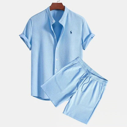 Summer Men's Casual Loose Short-Sleeve Shirt and Shorts Set, Ice Silk Material