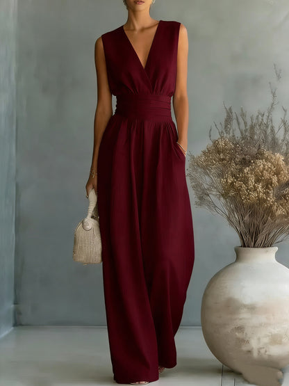 Sleeveless waist cinched V-neck women's jumpsuit