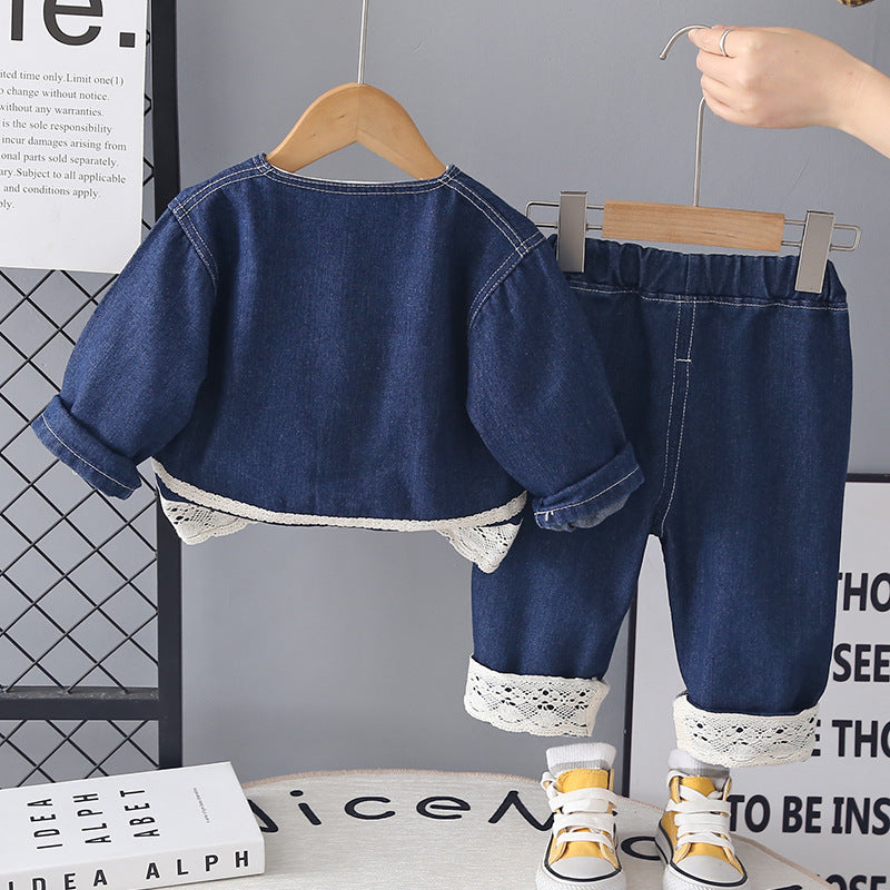 Casual children's long sleeved denim three piece set