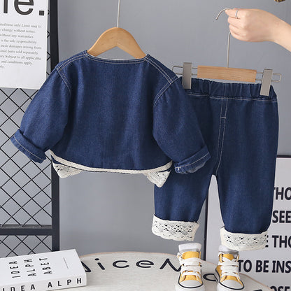 Casual children's long sleeved denim three piece set