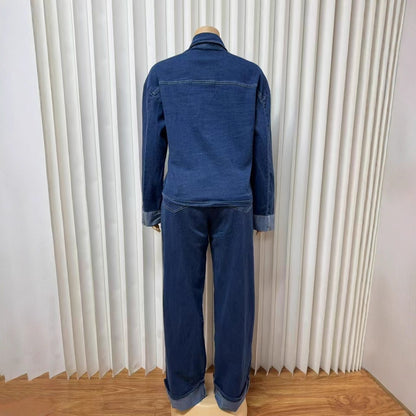 Vintage Button-Down Long Sleeve Workwear Denim Pants for Women