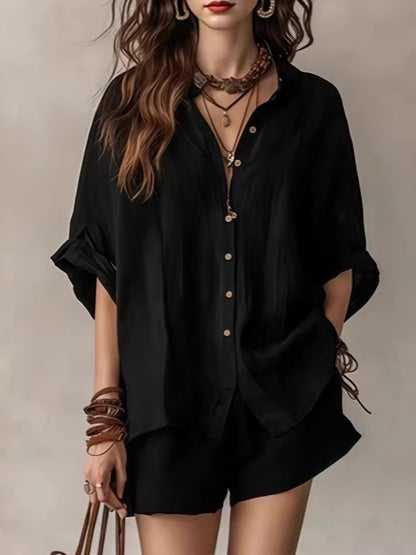 Solid color loose breasted shirt shorts casual set