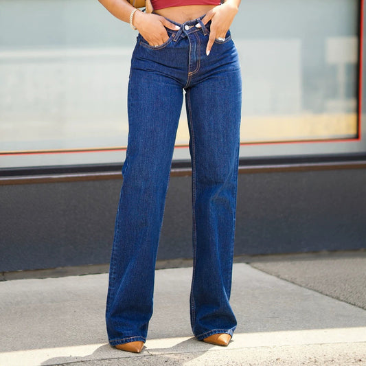 Simple Basic Straight Leg Washed Denim Pants