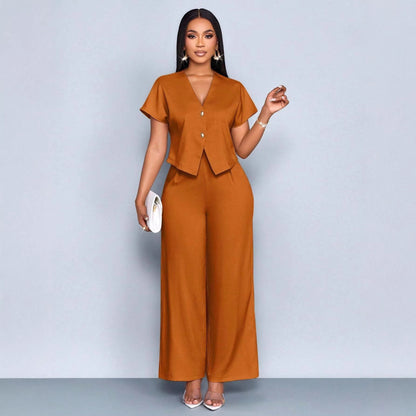 Summer Short Sleeve V-Neck Irregular Cardigan Straight Leg Wide Leg Pants Plus Size Casual Two-Piece Set