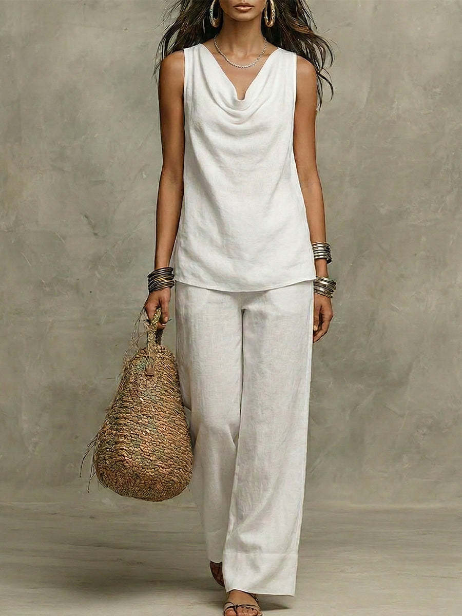 New Women's Fashion Casual Set, Pure Color V-Neck Top Outfit for Market