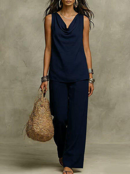 New Women's Fashion Casual Set, Pure Color V-Neck Top Outfit for Market