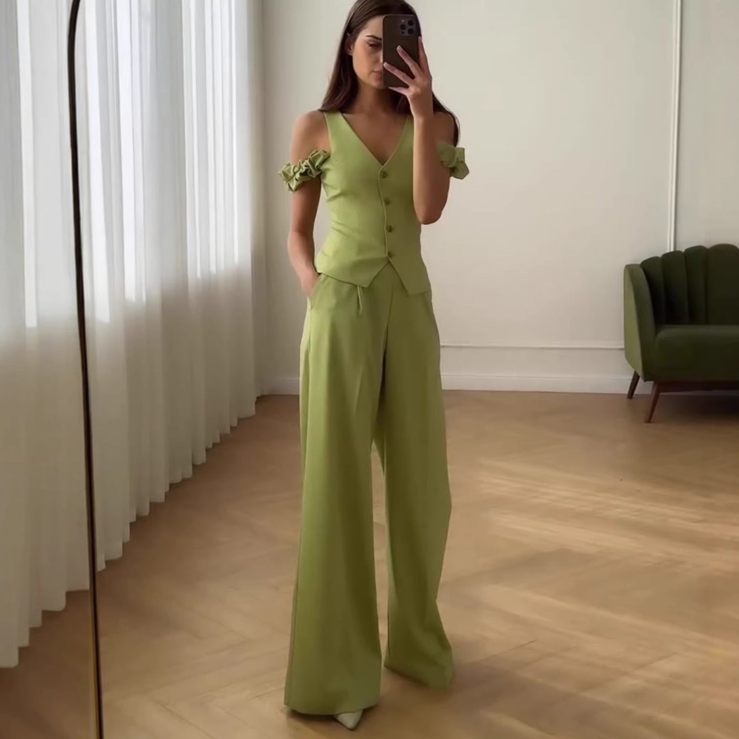 Women's Summer High-Waisted Casual Commute Fashion Solid Color Short Sleeve Two-Piece Set Pants