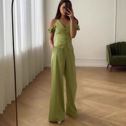Women's Summer High-Waisted Casual Commute Fashion Solid Color Short Sleeve Two-Piece Set Pants
