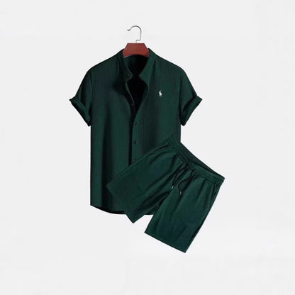 Summer Men's Casual Loose Short-Sleeve Shirt and Shorts Set, Ice Silk Material