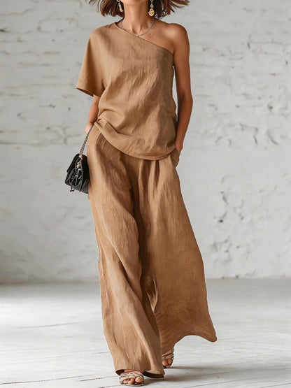Fashionable Off-Shoulder Top and Wide-Leg Pants Casual Outfit Set