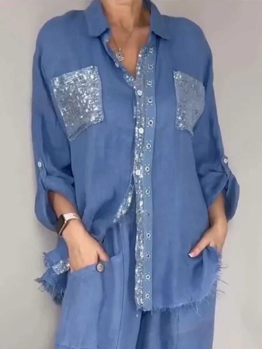 New Fashion Casual Women's Set with Pocket Placket and Gold Embellished Round Neck Design