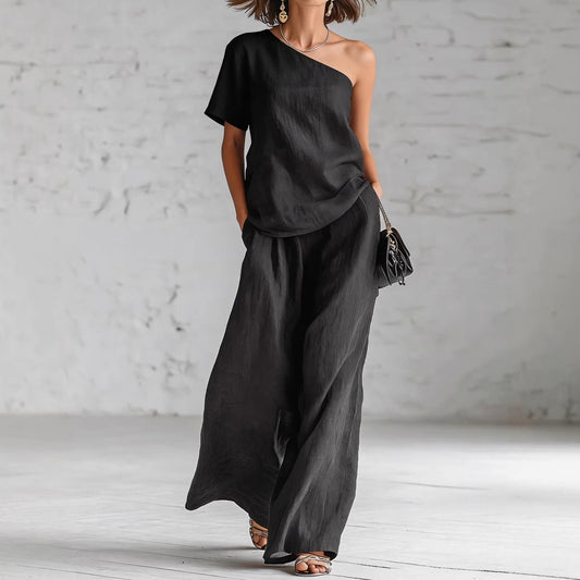 Fashionable Off-Shoulder Top and Wide-Leg Pants Casual Outfit Set