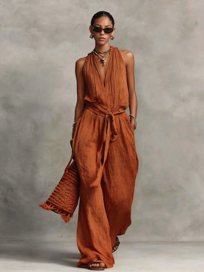 Long Sleeve Women's Jumpsuit with Belted Design Casual V-Neck Sleeveless Jumpsuit