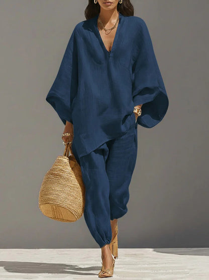 Spring Casual Loose Solid Color Shirt Women's Set