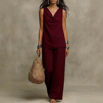 New Women's Fashion Casual Set, Pure Color V-Neck Top Outfit for Market